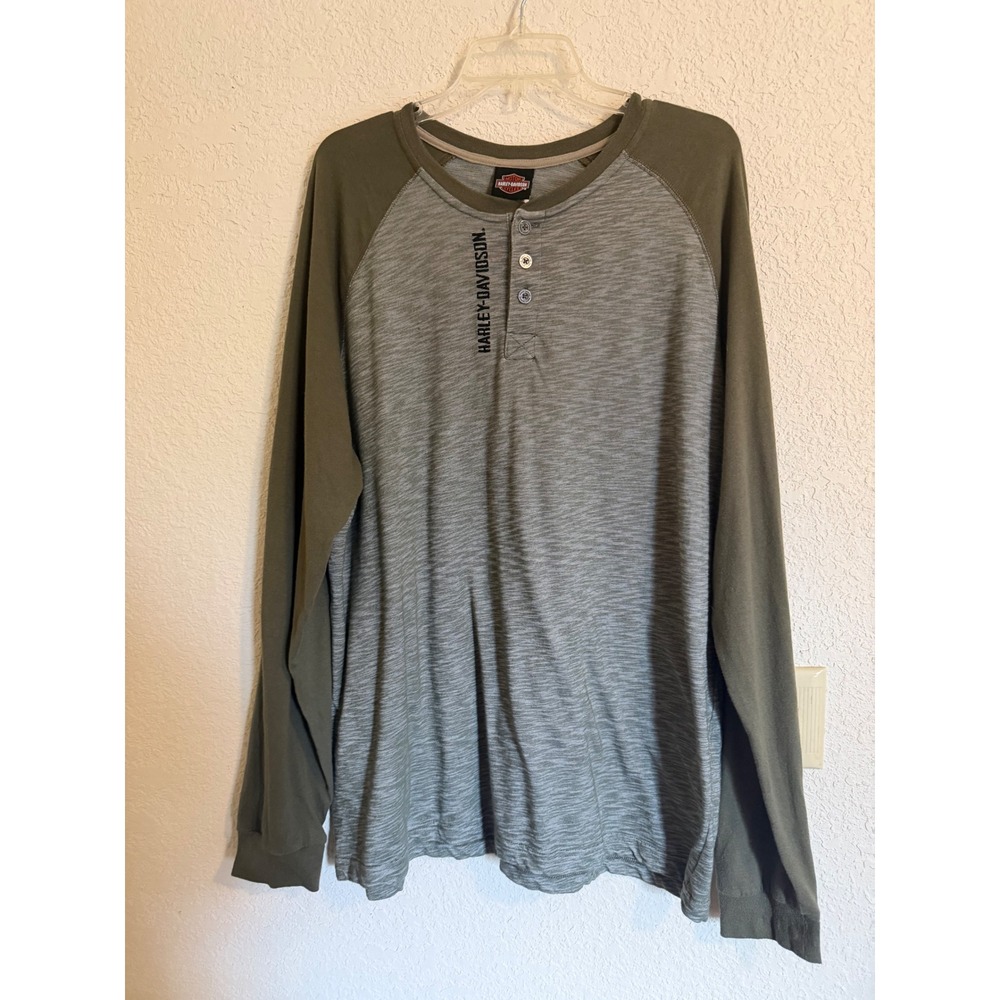 Harley-Davidson Mens‎ Henley Shirt 2XL Olive Green Raglan Long Sleeve Dallas TX